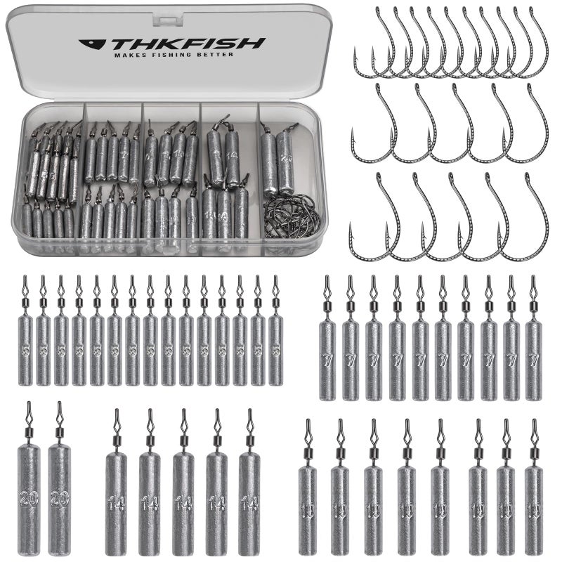 THKFISH مجموعة أوزان الصيد من THKFISH، مجموعة 60 قطعة من أوزان الصيد، خطافات أحمق لصيد الأسماك في المياه المالحة والمياه العذبة، 3/16oz-3/4oz - Image 1